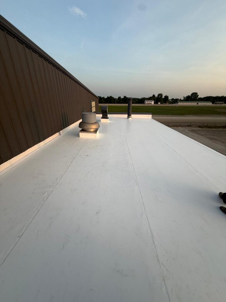 Aerial view of Dresden Arena roof replacement project completed by ADOR CAN INC. in Chatham-Kent, Ontario.